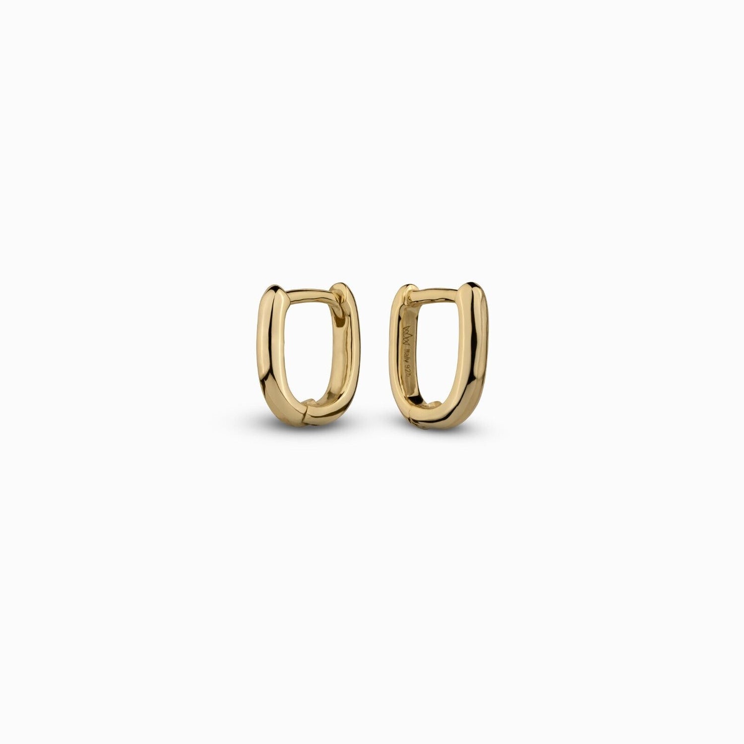 Gold huggie earrings made of 14K gold and 925 sterling silver with a 10mm round design.