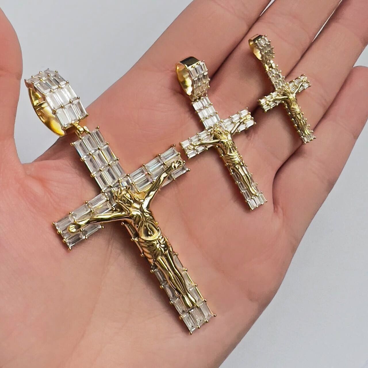 14K Gold Mens Real Solid 925 Sterling Silver Jesus Pendant Crucifix CZ Pendant