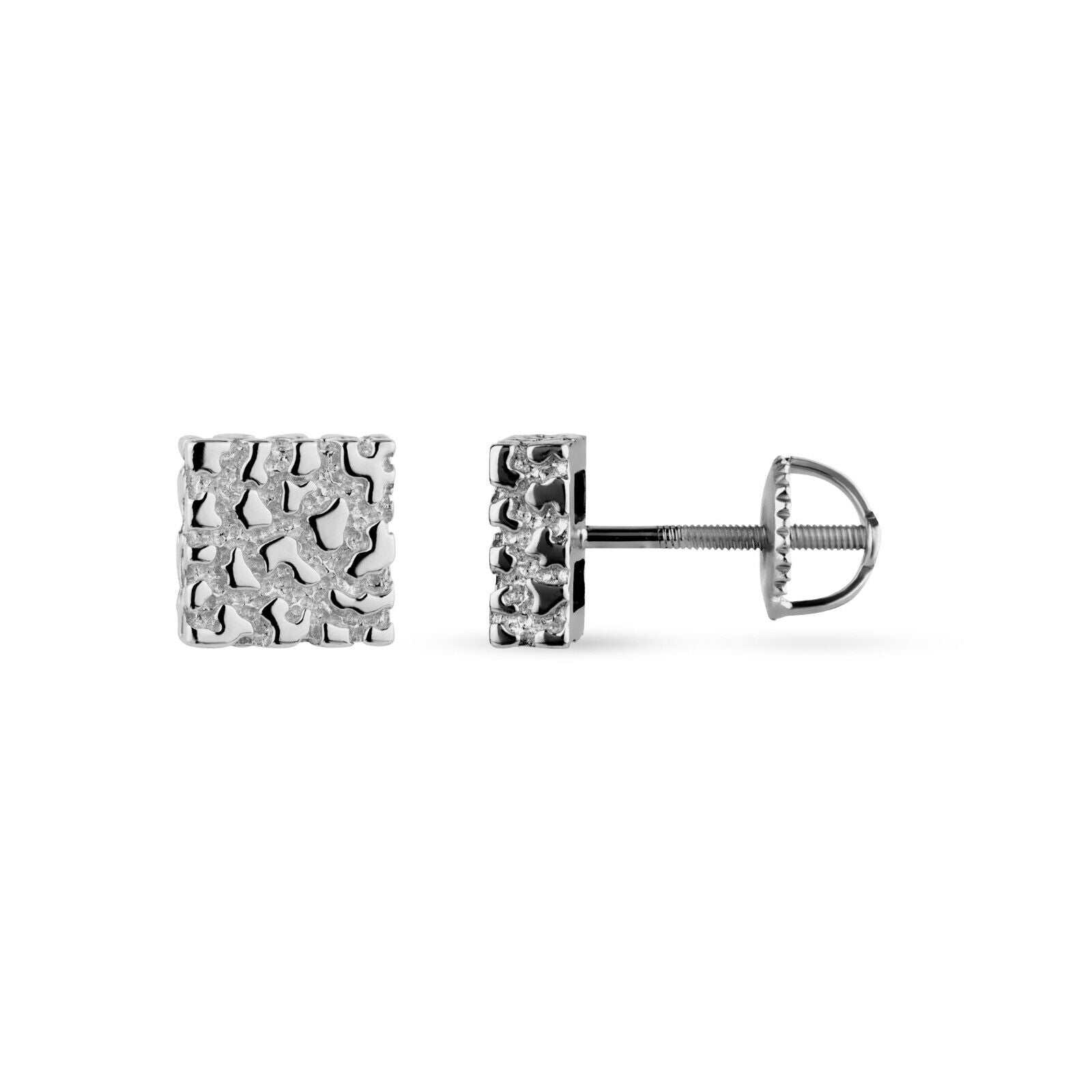 Solid 925 Sterling Silver Nugget Stud Earrings with Rhodium Plating and Screw Back Closure, 8mm, by Morf Jewelry.