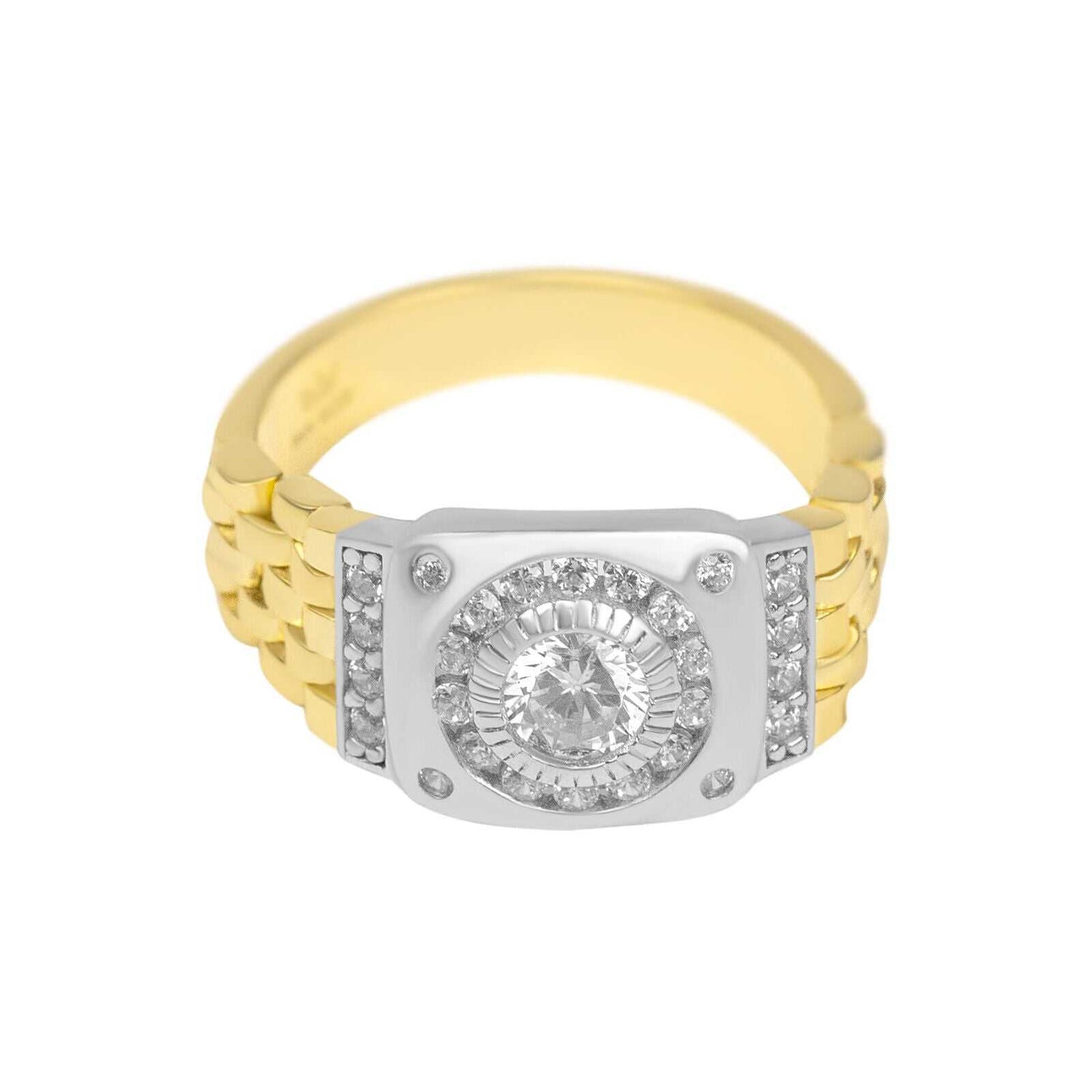 10K Yellow Gold Plated Watch Ring with Cubic Zirconia, featuring a unique watch band design.