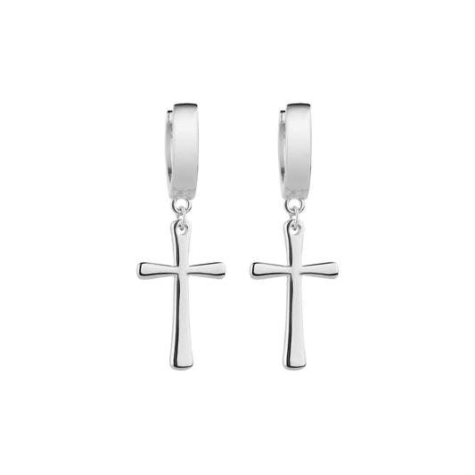 Sterling silver cross earrings with rhodium plating, featuring hoop design and cross dangle.