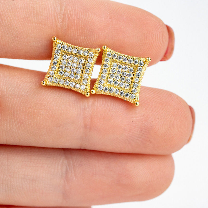 Mens 14k Gold Plated Real 925 Sterling Silver Iced CZ Square Kite Earrings