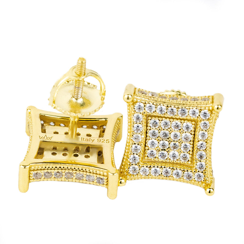 Mens 14k Gold Plated Real 925 Sterling Silver Iced CZ Square Kite Earrings