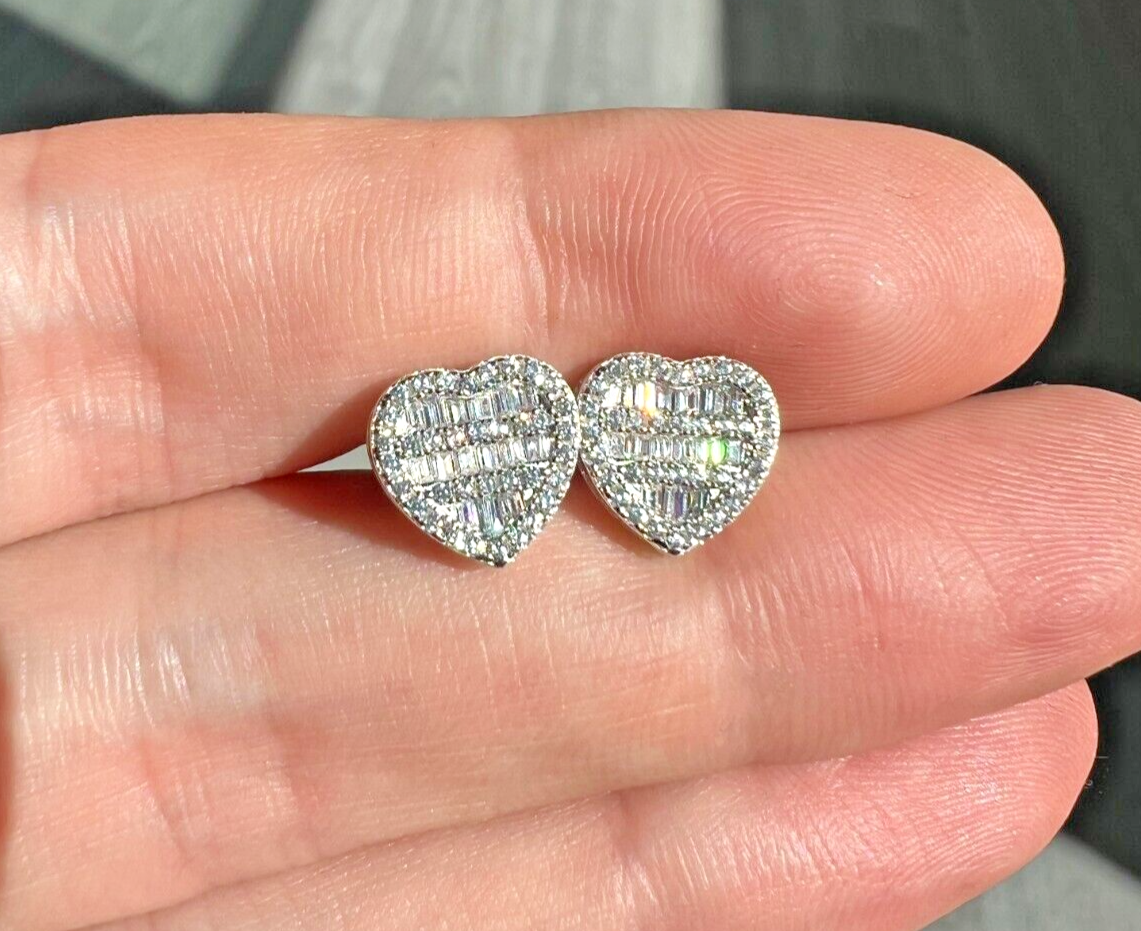 Mens Real Solid 925 Sterling Silver Earrings Heart Shape Iced CZ Hip Hop Studs