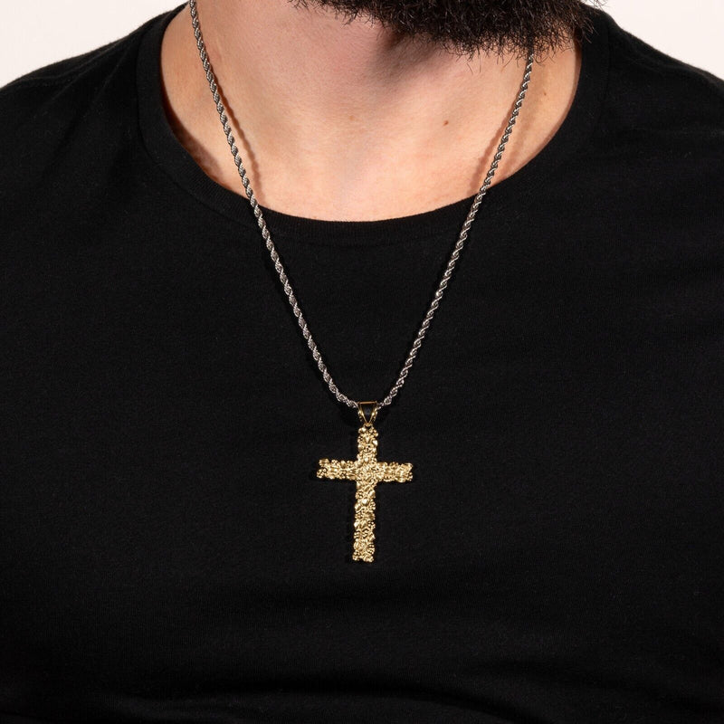 Mens 14K Gold Plated Solid 925 Sterling Silver Nugget Cross Pendant Crucifix