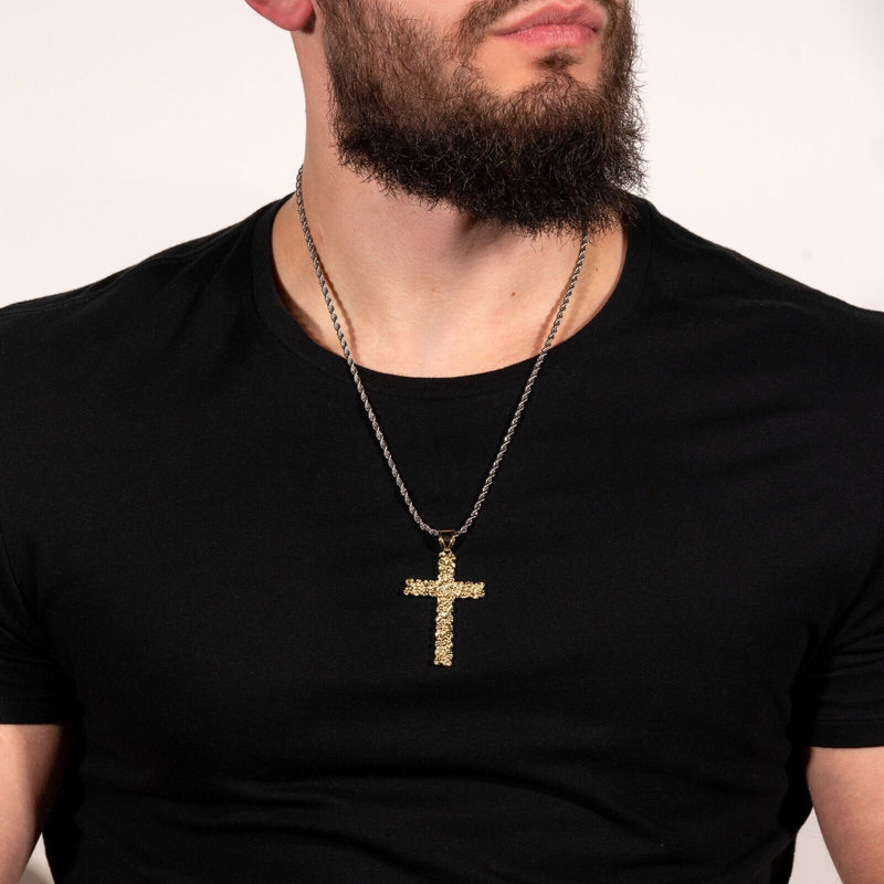 Mens 14K Gold Plated Solid 925 Sterling Silver Nugget Cross Pendant Crucifix