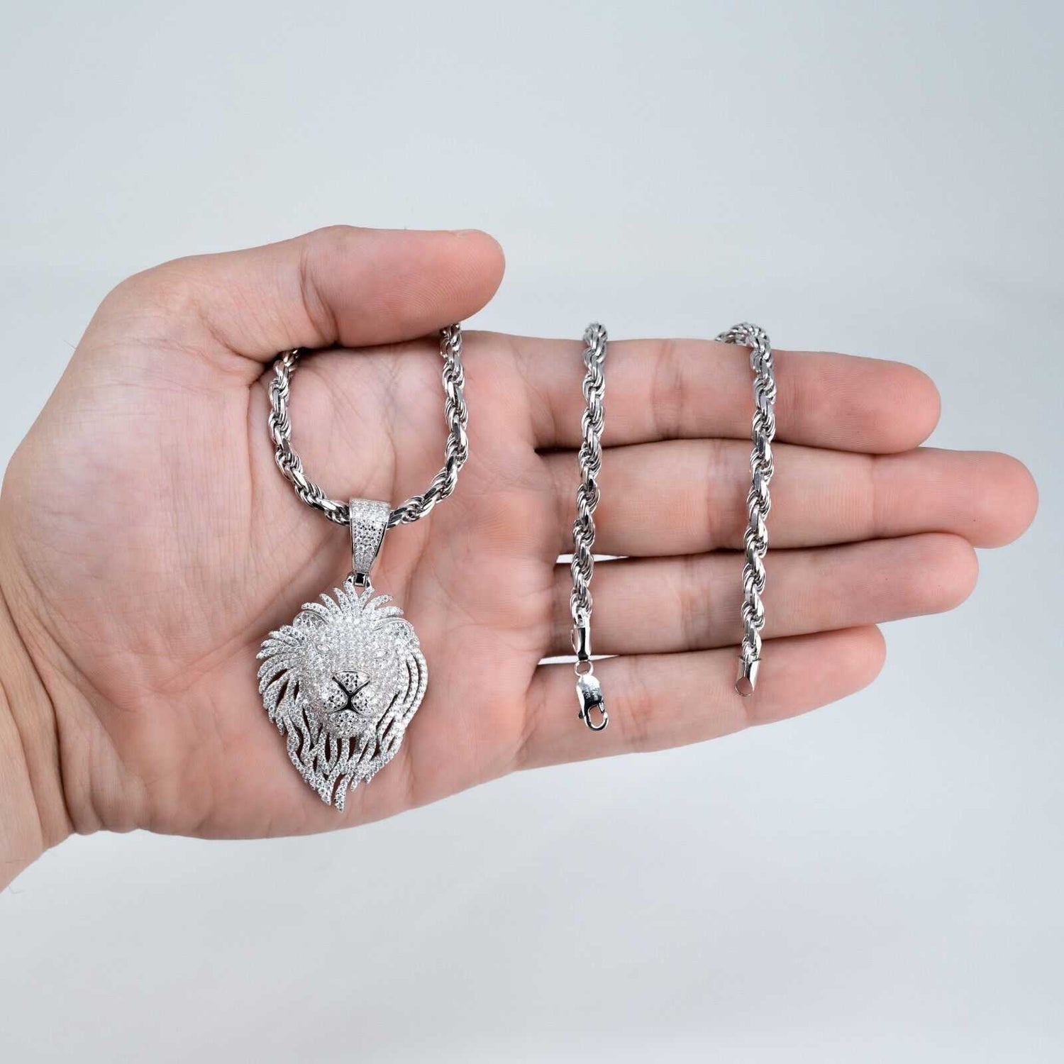 Mens 4ct Moissanite Lion Head Pendant on 4mm Rope Chain, 925 Silver Necklace.