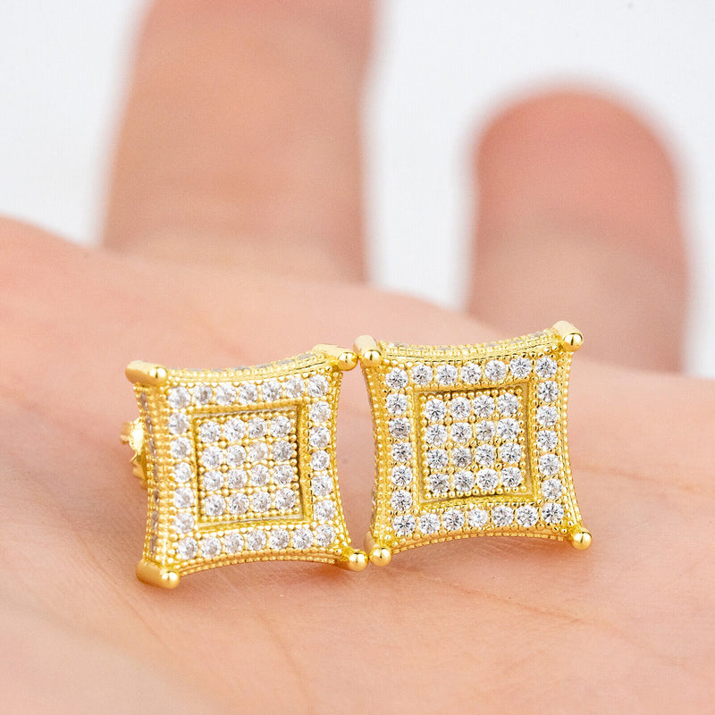 Mens 14k Gold Plated Real 925 Sterling Silver Iced CZ Square Kite Earrings