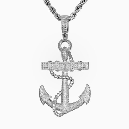 Mens Real Solid 925 Sterling Silver/14K Gold Anchor Pendant Necklace Iced Italy