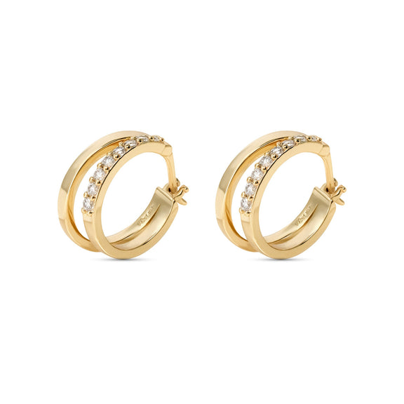 Double hoop earrings with cubic zirconia, gold-dipped, sterling silver.