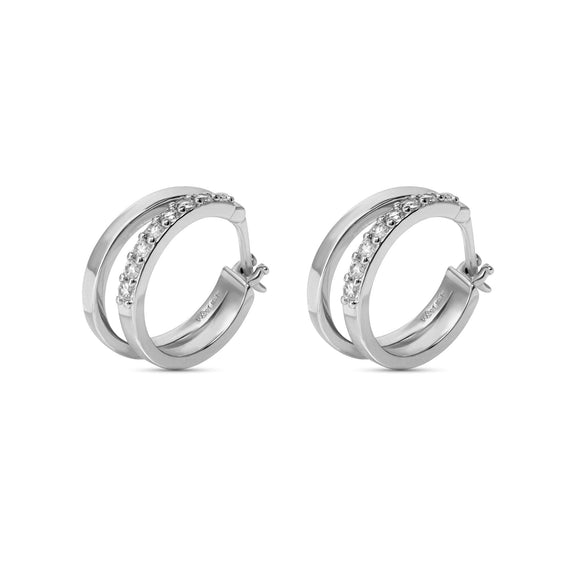 Double hoop earrings with cubic zirconia, 14k gold, and sterling silver finish.