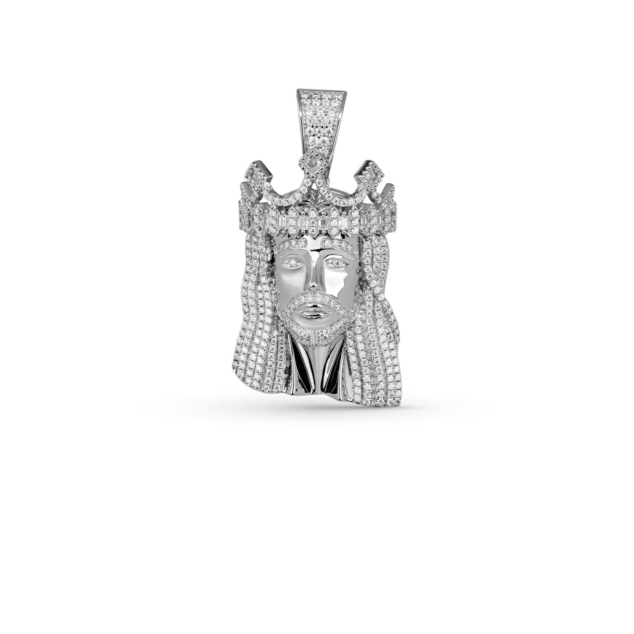 Moissanite Iced King Crown Jesus Head Piece Pendant in sterling silver, intricate design with VVS1 D-grade stones.