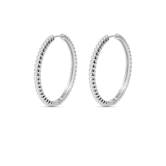 14k gold plated croissant hoops with luxurious rhodium finish.