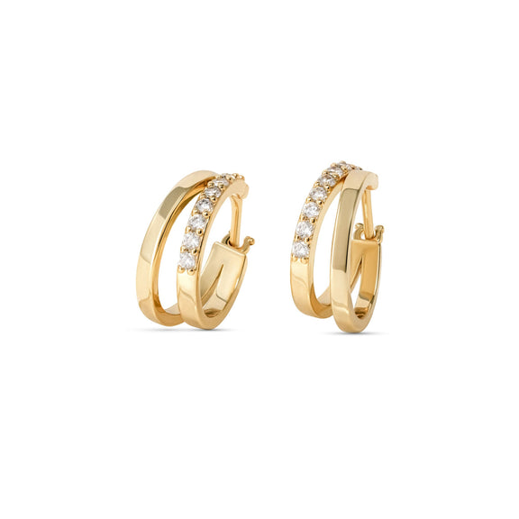 Double hoop earrings in gold with cubic zirconia gems.