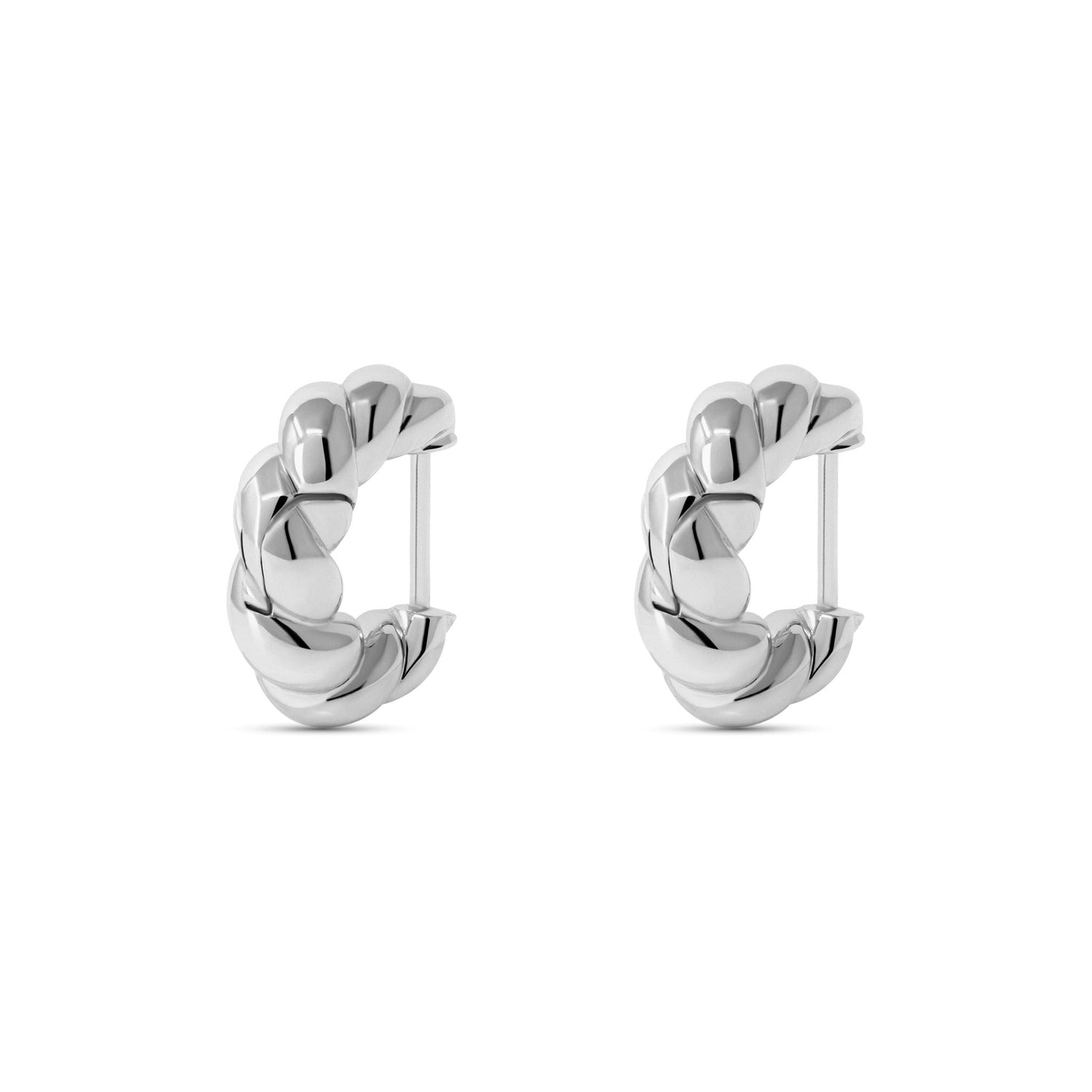 Twisted Croissant Hoop Earrings in silver with twisted design, 14K gold layer option available.