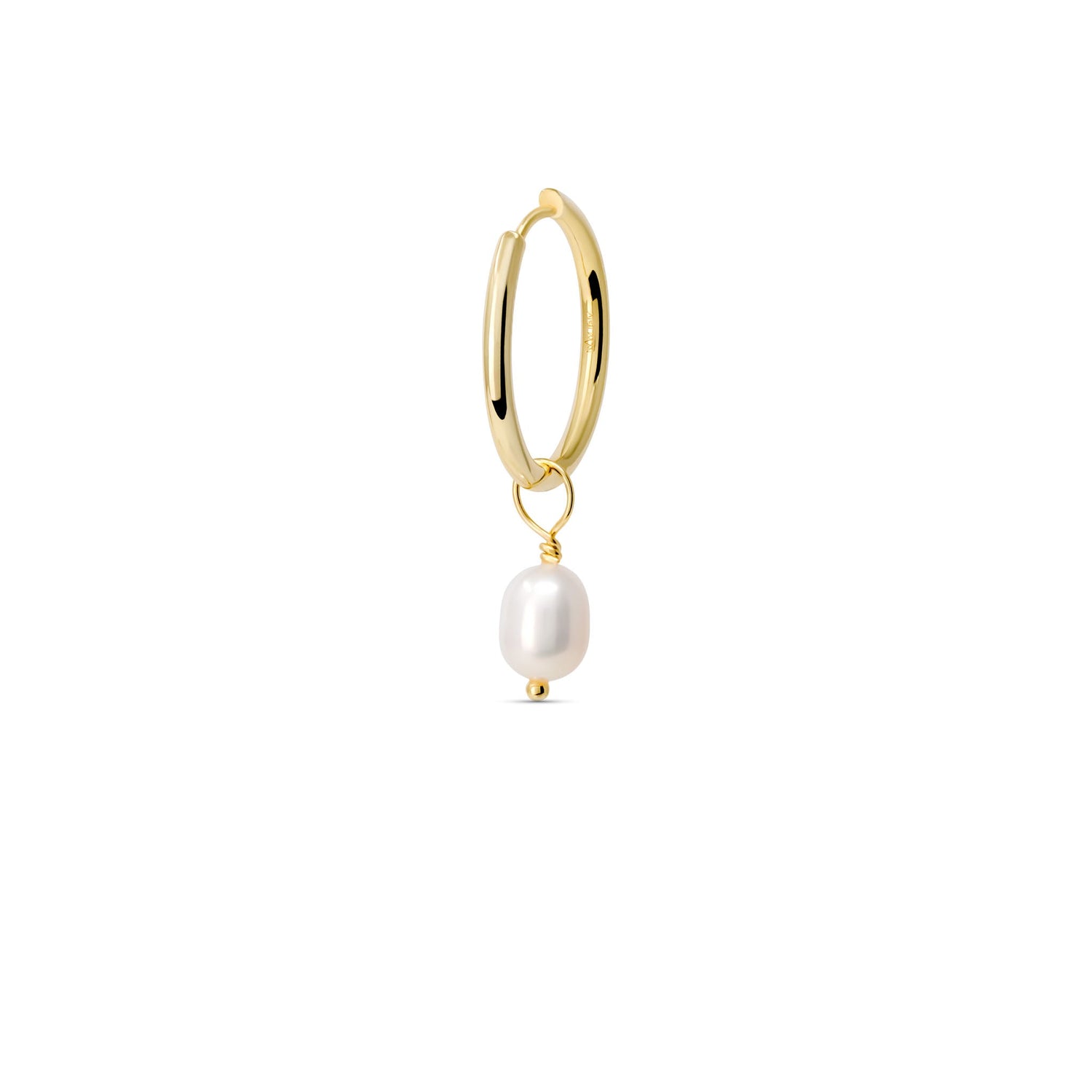 Gold pearl huggie hoop earring with freshwater pearl charm.