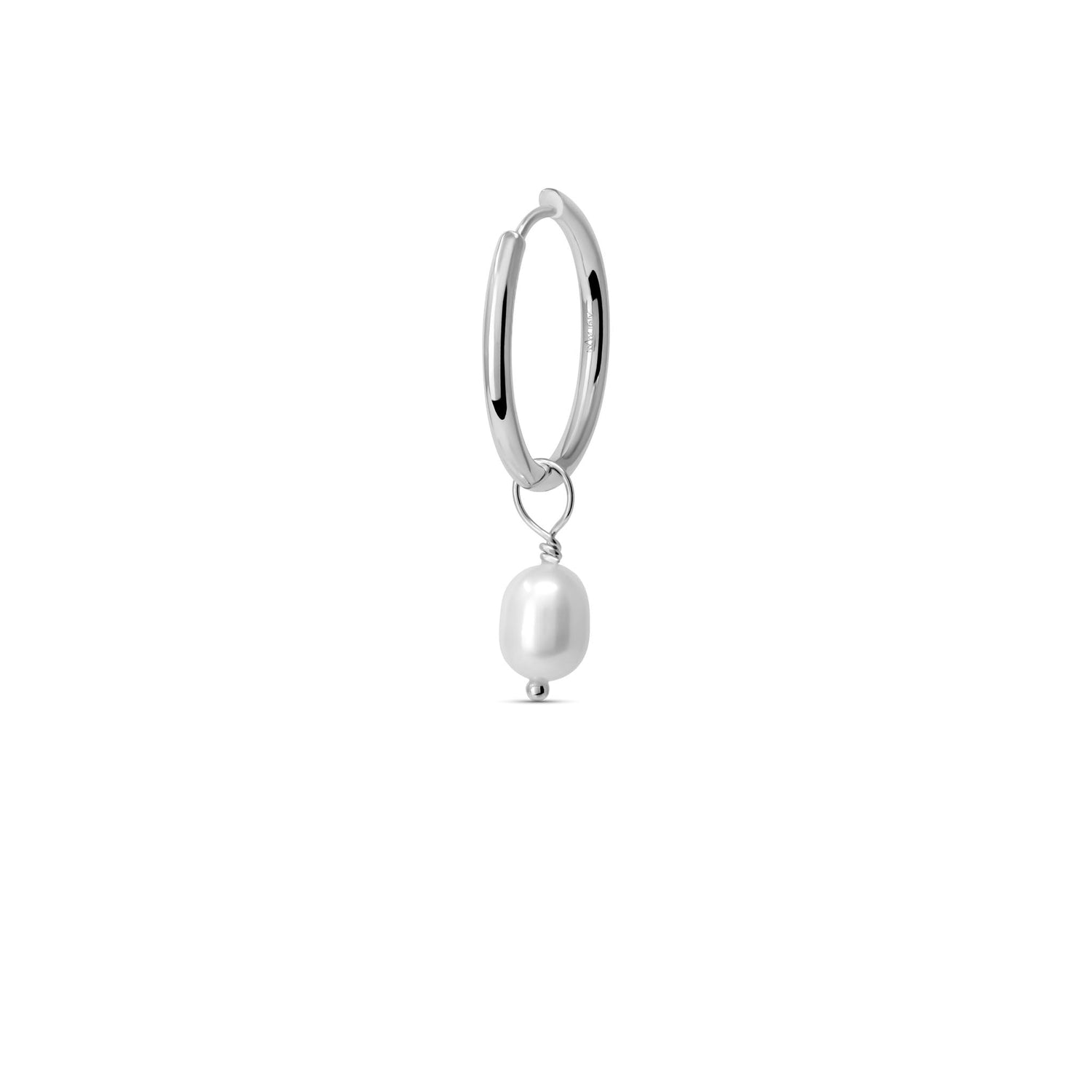 Gold huggie hoop earring with a natural freshwater pearl charm.