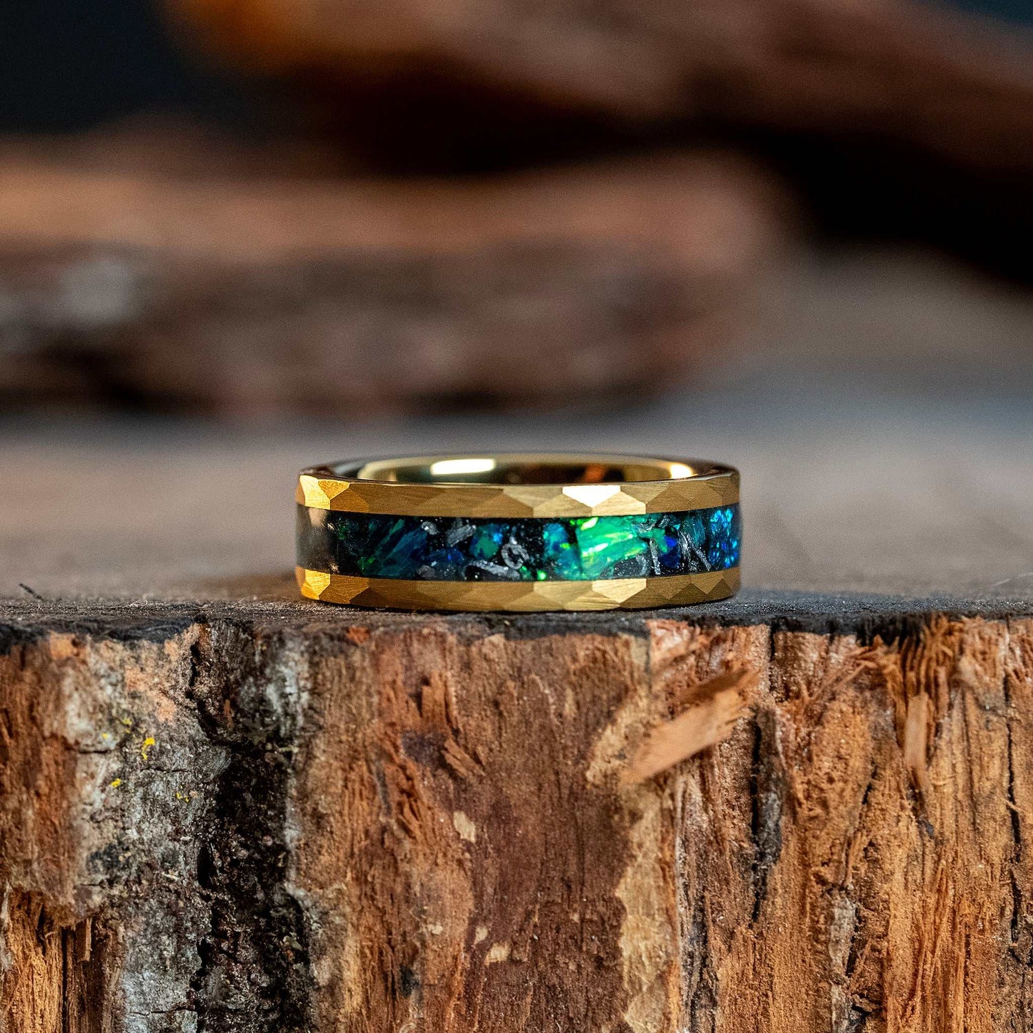 Green Opal x Meteorite Gold HammeredTungsten Carbide Ring - 6mm