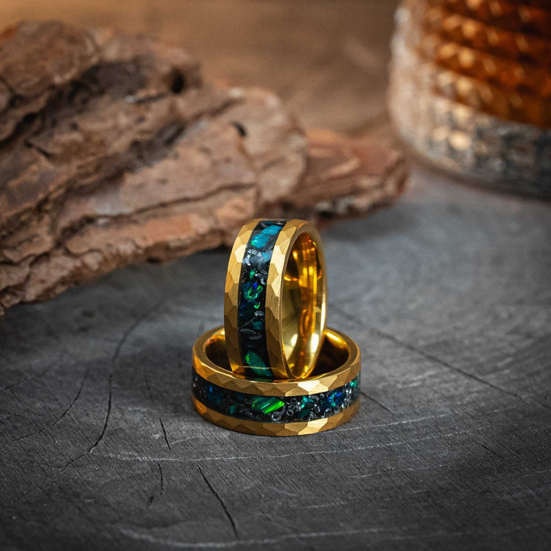 Hammered gold tungsten ring with green opal and meteorite inlay, 8mm wide.