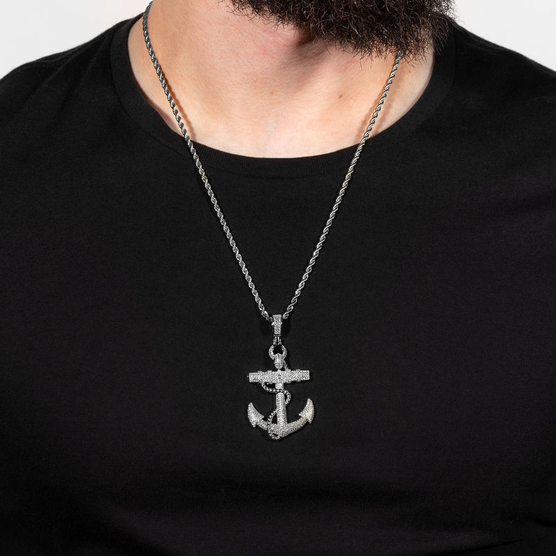 Mens Real Solid 925  Sterling Silver Anchor Pendant Iced CZ Round Stones Hip hop Jewelry Piece Necklace Gift for Him, Birthday Gift