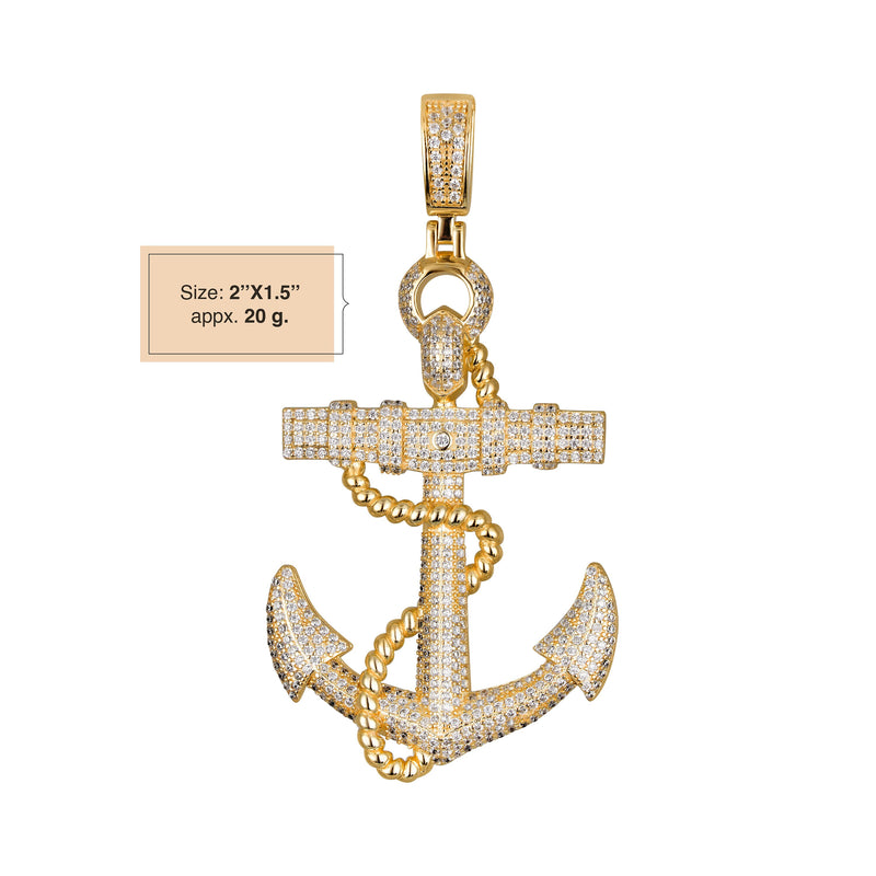 Mens Real Solid 925  Sterling Silver in 14K Gold Finish Anchor Pendant Iced CZ  Hip hop Jewelry Piece Necklace Gift for Him, Birthday Gift