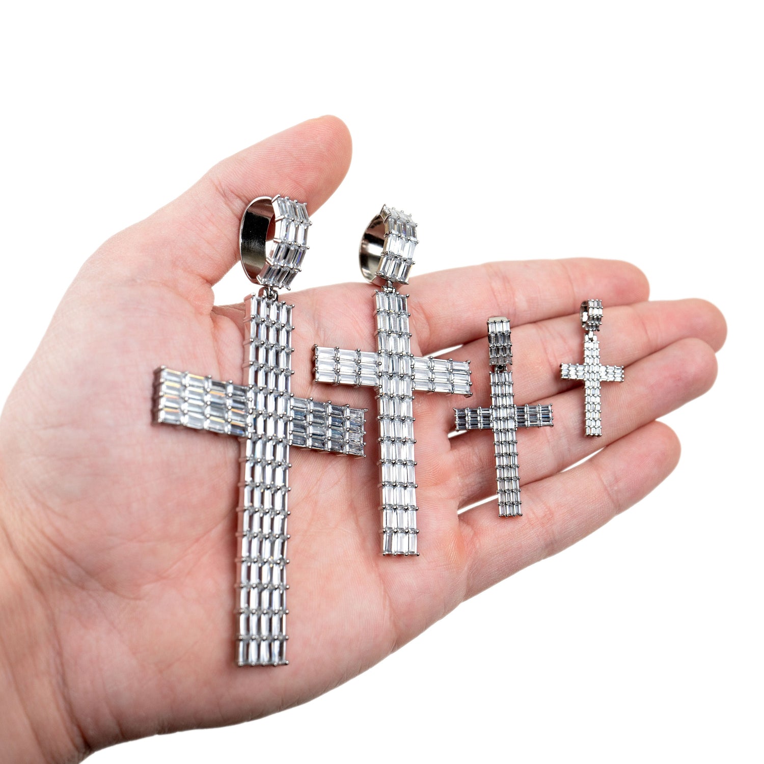 Mens Real Solid 925 Sterling Silver Cross Pendant Baguette Iced CZ Stones Necklace Hip Hop Religious Pendant Multiple Size