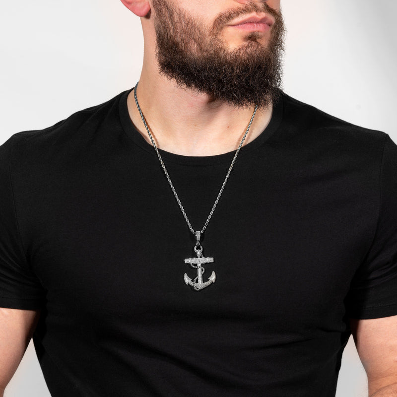 Mens Real Solid 925  Sterling Silver Anchor Pendant Iced CZ Round Stones Hip hop Jewelry Piece Necklace Gift for Him, Birthday Gift