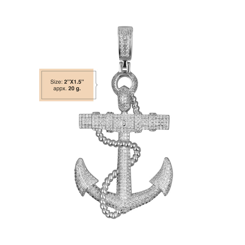 Mens Real Solid 925  Sterling Silver Anchor Pendant Iced CZ Round Stones Hip hop Jewelry Piece Necklace Gift for Him, Birthday Gift