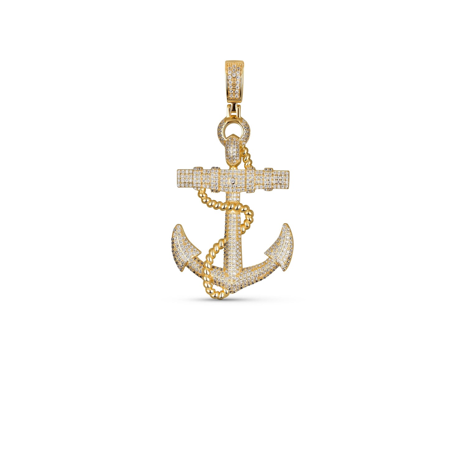 Mens Real Solid 925  Sterling Silver in 14K Gold Finish Anchor Pendant Iced CZ  Hip hop Jewelry Piece Necklace Gift for Him, Birthday Gift