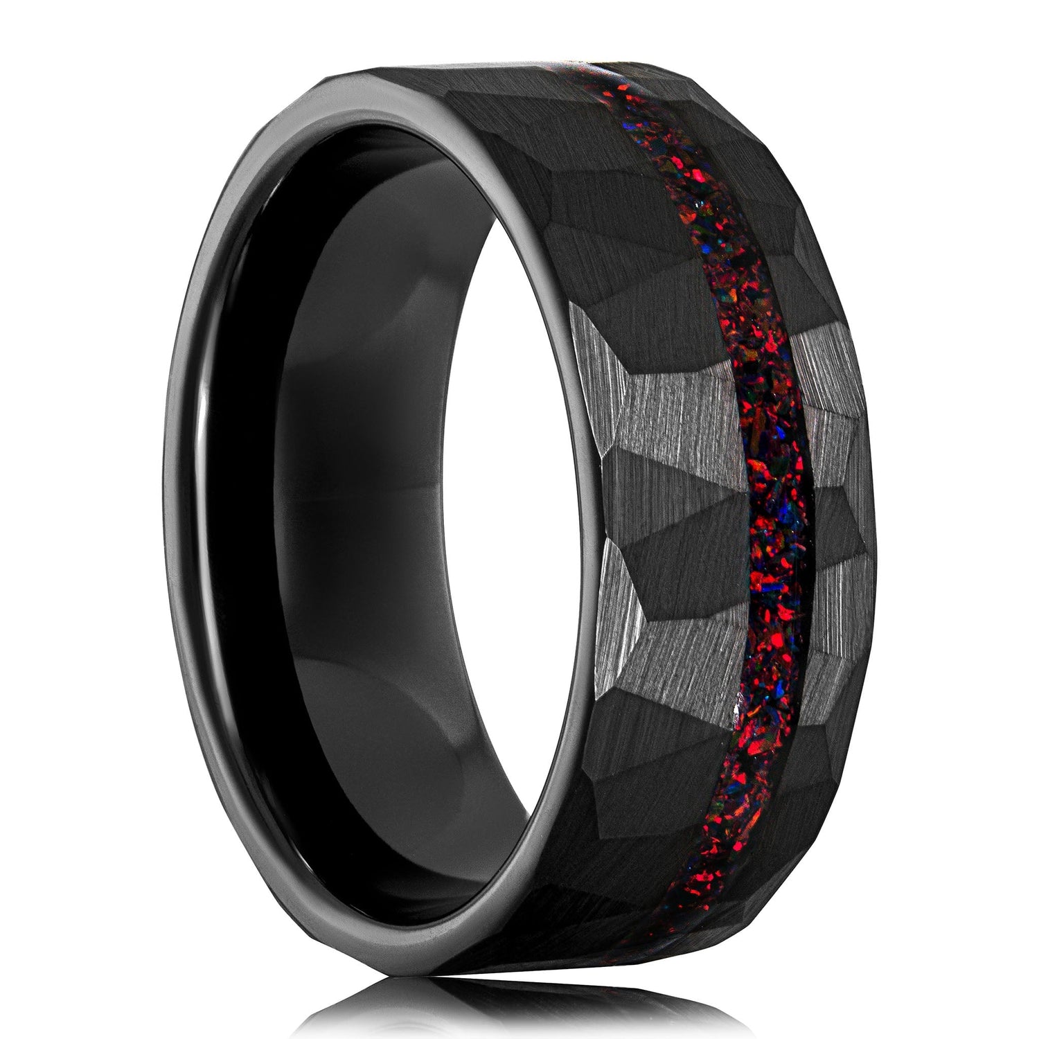 Black Tungsten Opal Ring with hammered texture and opal inlay by Morf Jewelry.