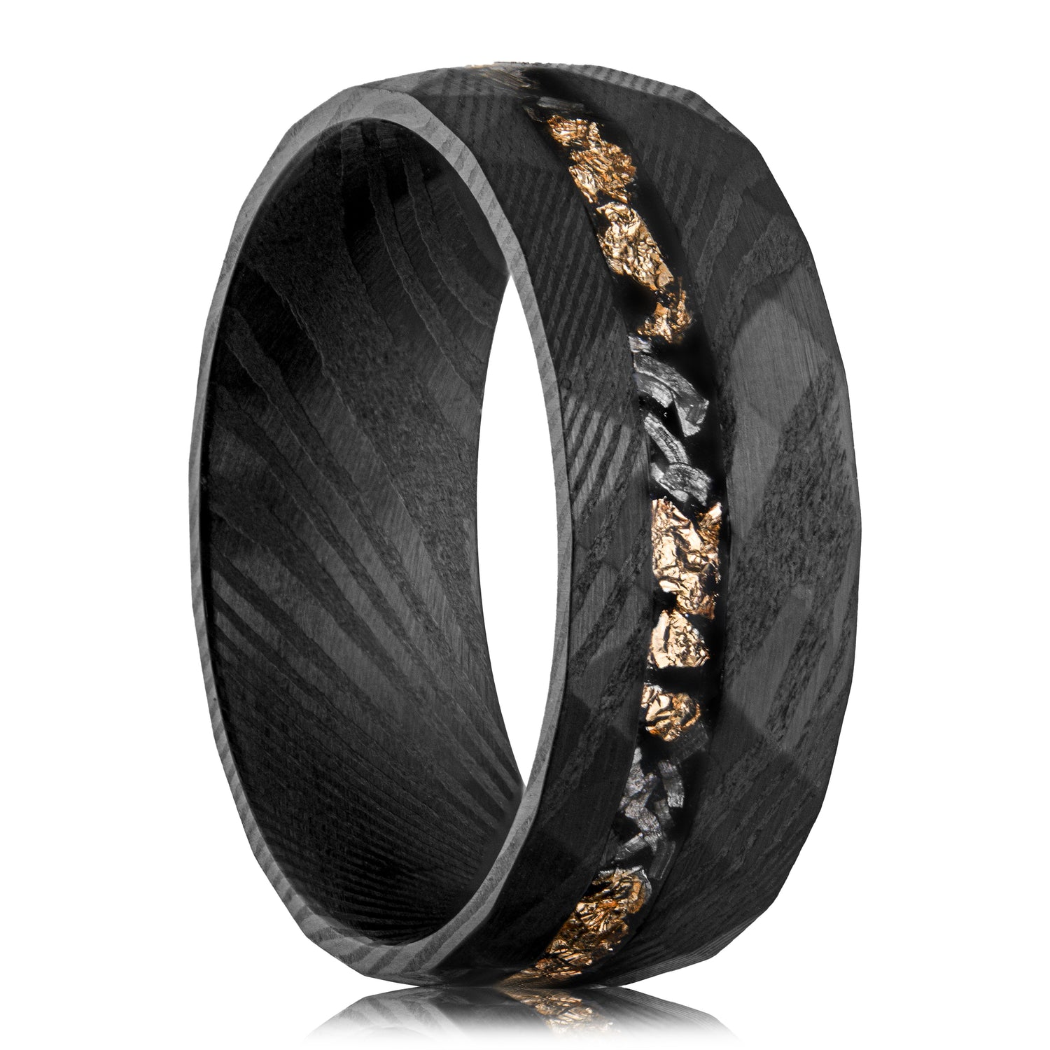 Damascus Meteorite and Crushed Gold Leaf Ring with Hammered Black Steel Band, 8mm Width