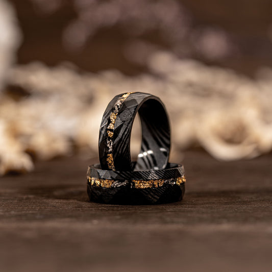 8mm Damascus Meteorite & Crushed Gold Ring, black steel hammered band, unique wedding jewelry.