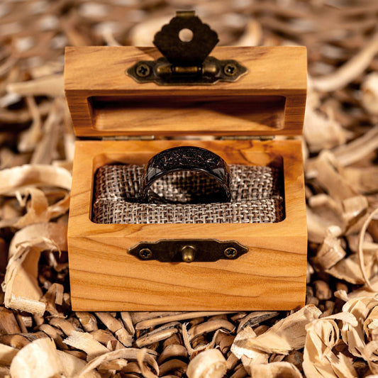 Black Eclipse Galaxy Ring in wooden box, Tungsten and Meteorite Iron.