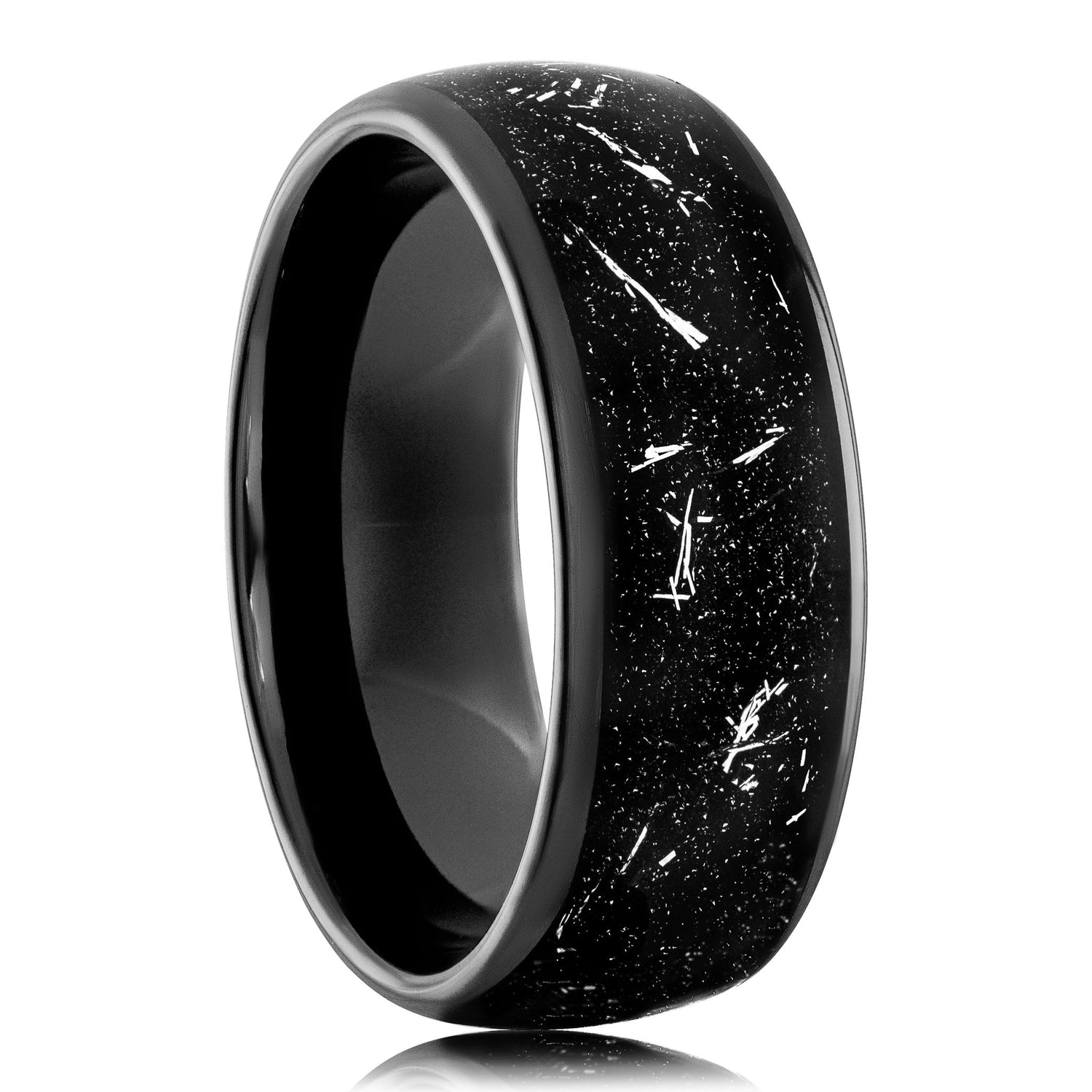 Eclipse Galaxy Ring with black tungsten and meteorite iron band, 8mm width.