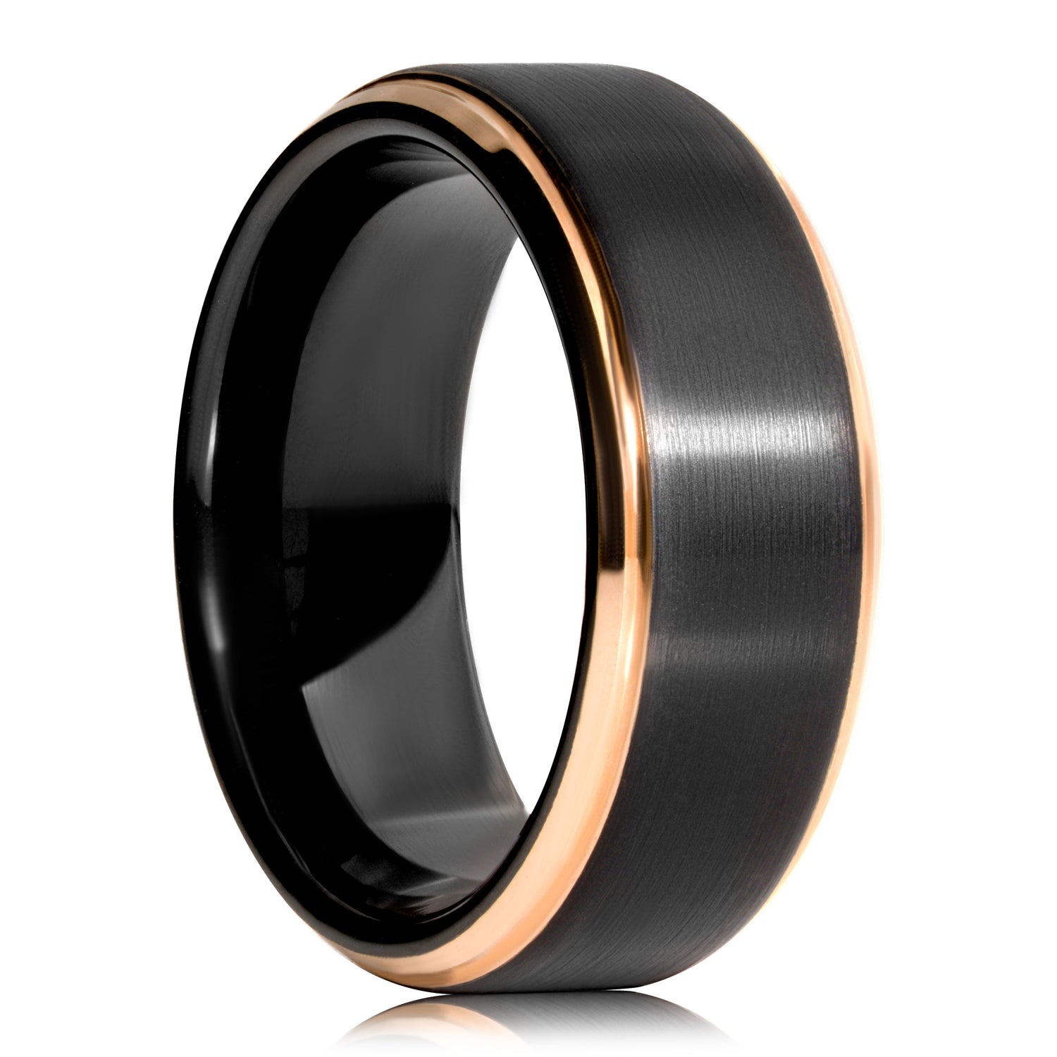 Edge Rose Gold Ring with 18k rose gold plated step edge and brushed black tungsten band.