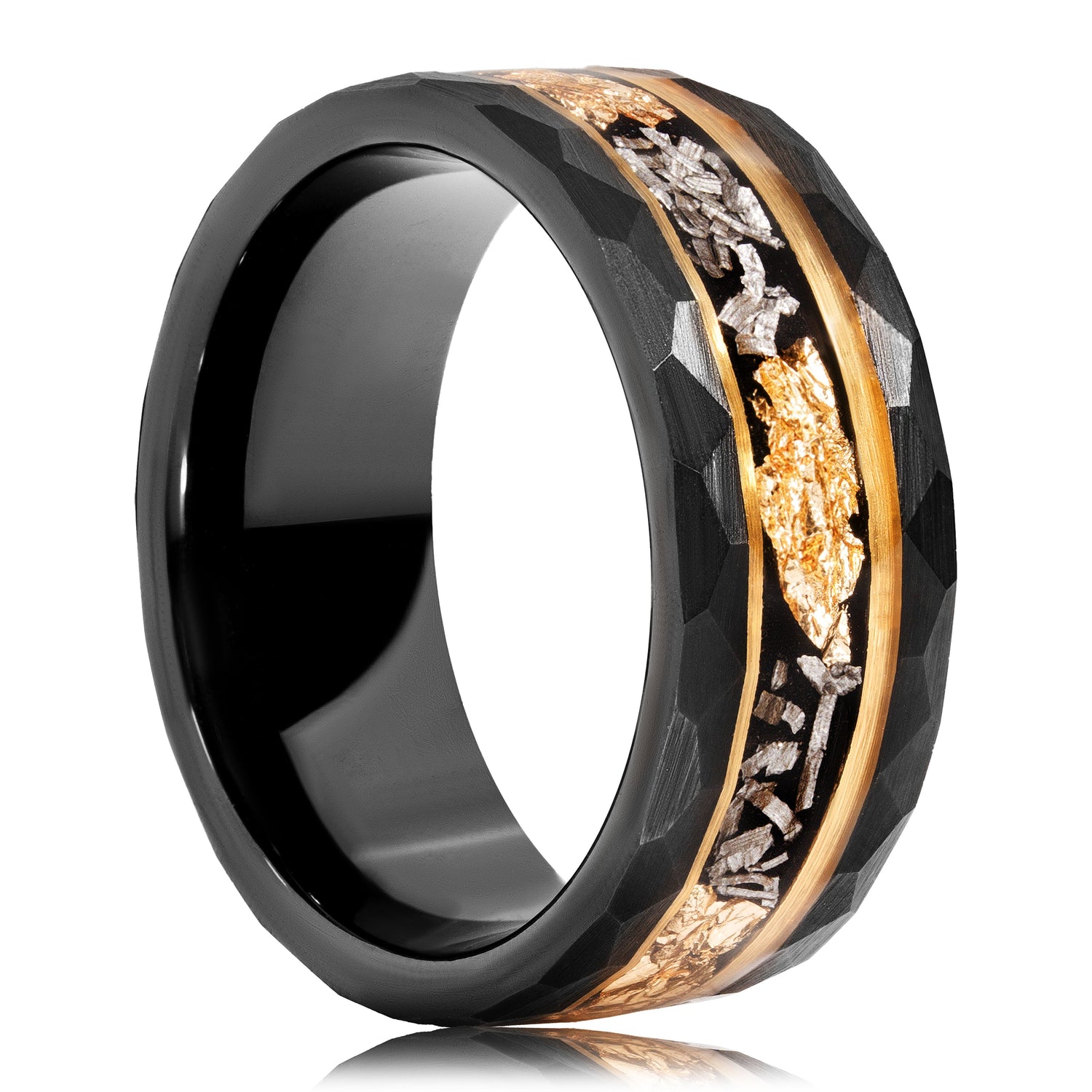 Gold Leaf Meteorite Ring made of tungsten, meteorite, and 22K gold leaf, 8MM width.