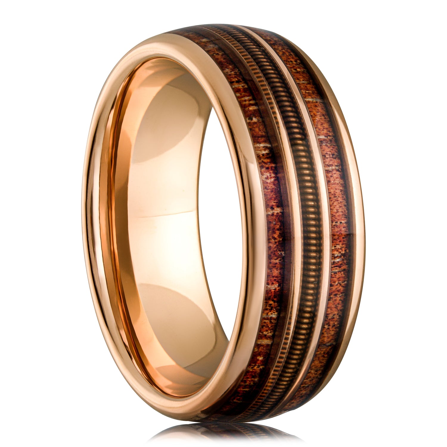 Guitar String Whiskey Barrel Ring with rose gold and tungsten featuring whiskey barrel wood inlay and guitar string design.