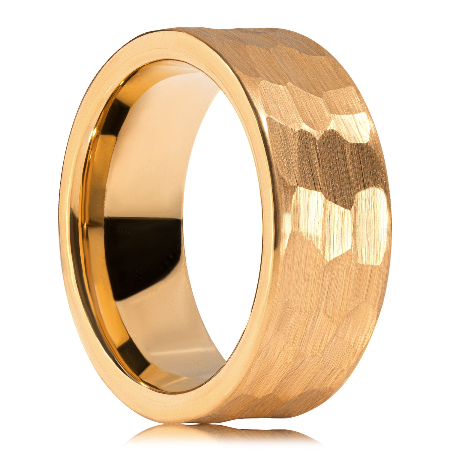 Handcrafted hammered gold tungsten ring with rustic charm.