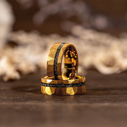 Infinite Meteorite Ring with 18K yellow gold plated tungsten carbide and genuine meteorite iron inlay.