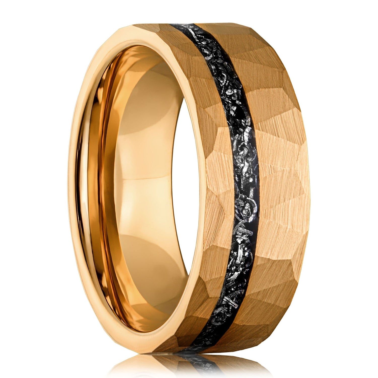 Infinite Meteorite Ring with gold tungsten carbide and meteorite iron inlay, rustic hammered finish.