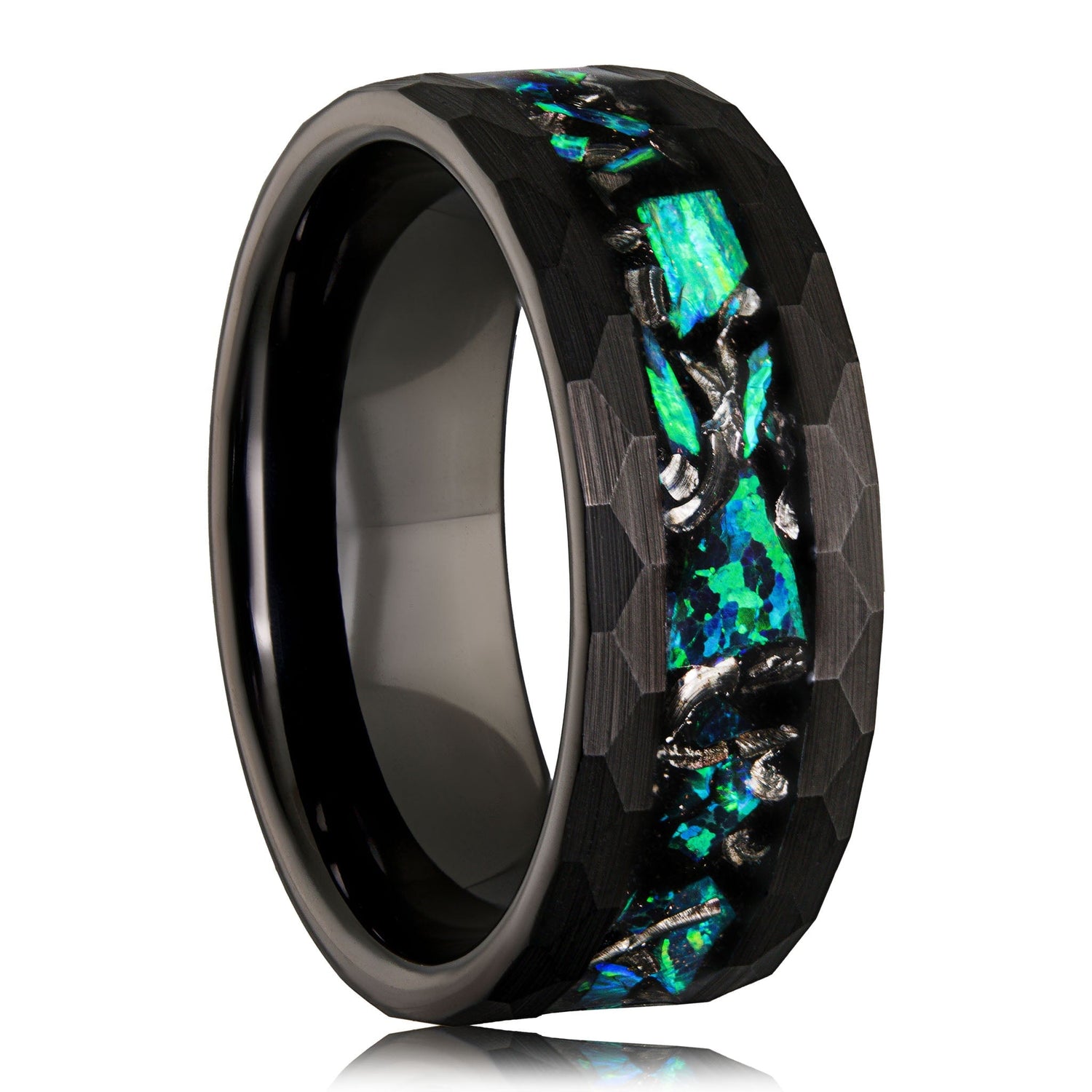 Meteorite and green opal ring with tungsten band, comfort-fit, 8MM width.