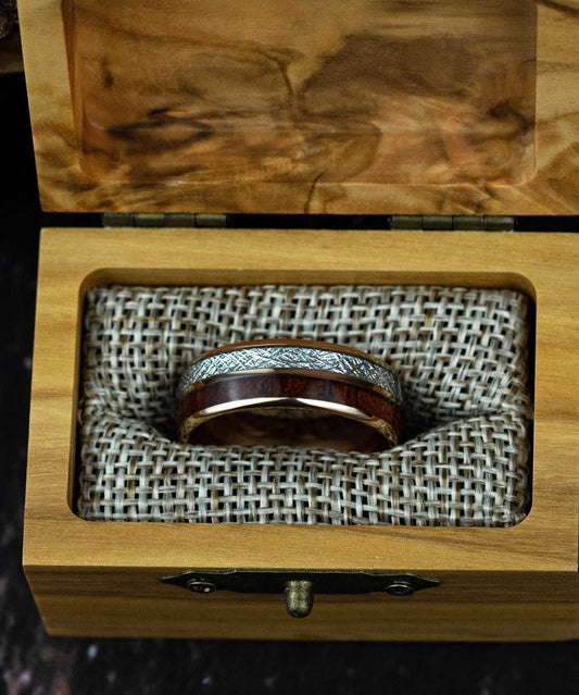 Meteorite Wood Inlay Ring in wooden box with tungsten, rose gold, meteorite iron, and Hawaiian Koa wood details.