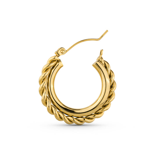 Mirage Twisted Hoop Earrings with 18k PVD gold plating, stainless steel, hypoallergenic and tarnish-free design.