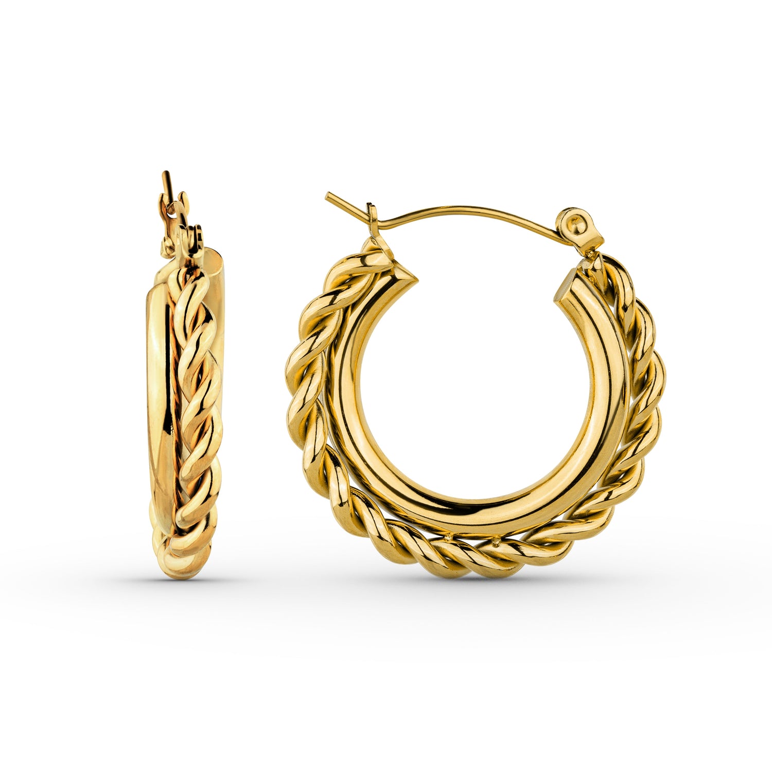 Mirage Twisted Hoop Earrings with 18k PVD gold plating, stainless steel, tarnish-free, hypoallergenic.