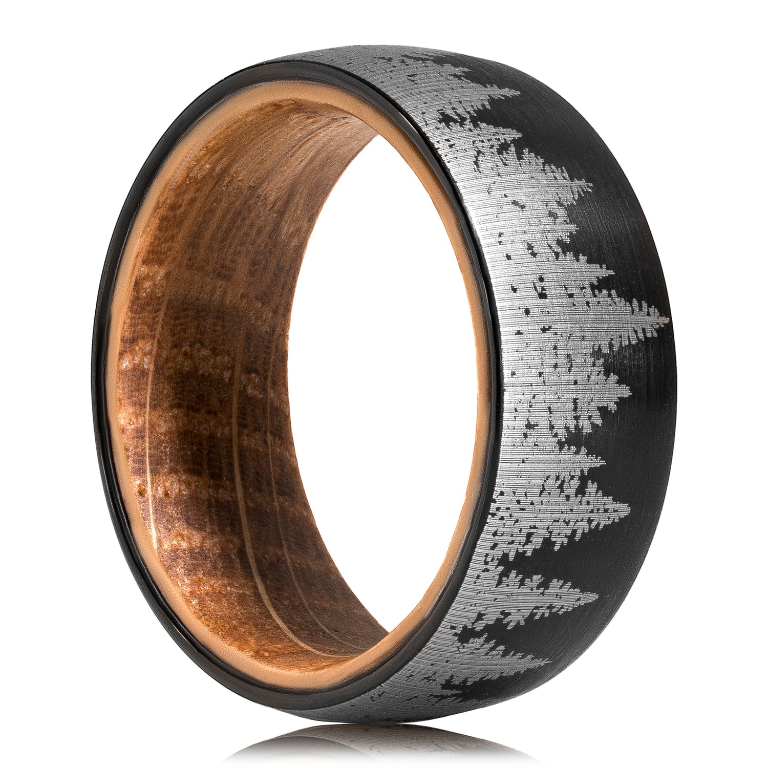 Pine Tree Forest Ring with etched forest design, tungsten band, and whiskey barrel oak wood interior.