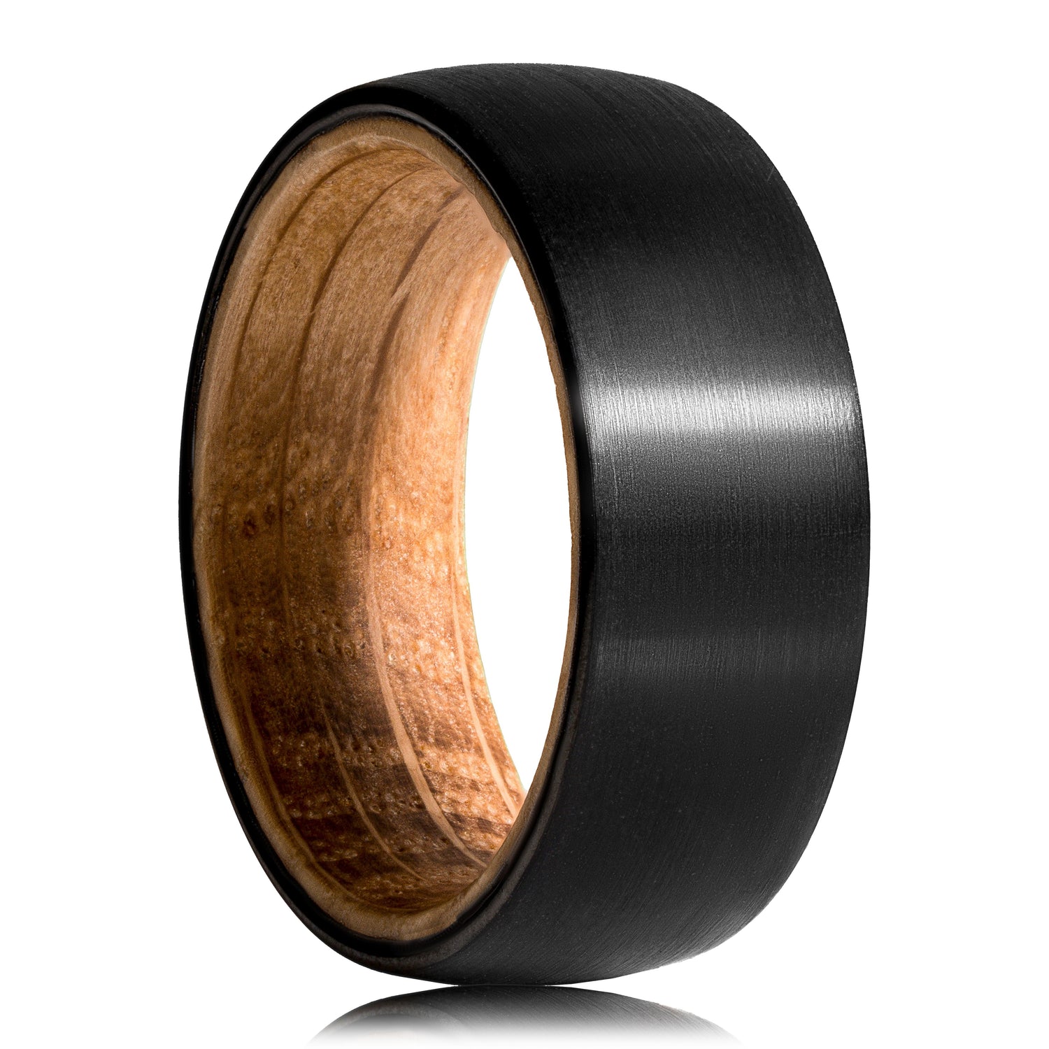 Black satin finish tungsten ring with etched outer band and olive wood inner band.