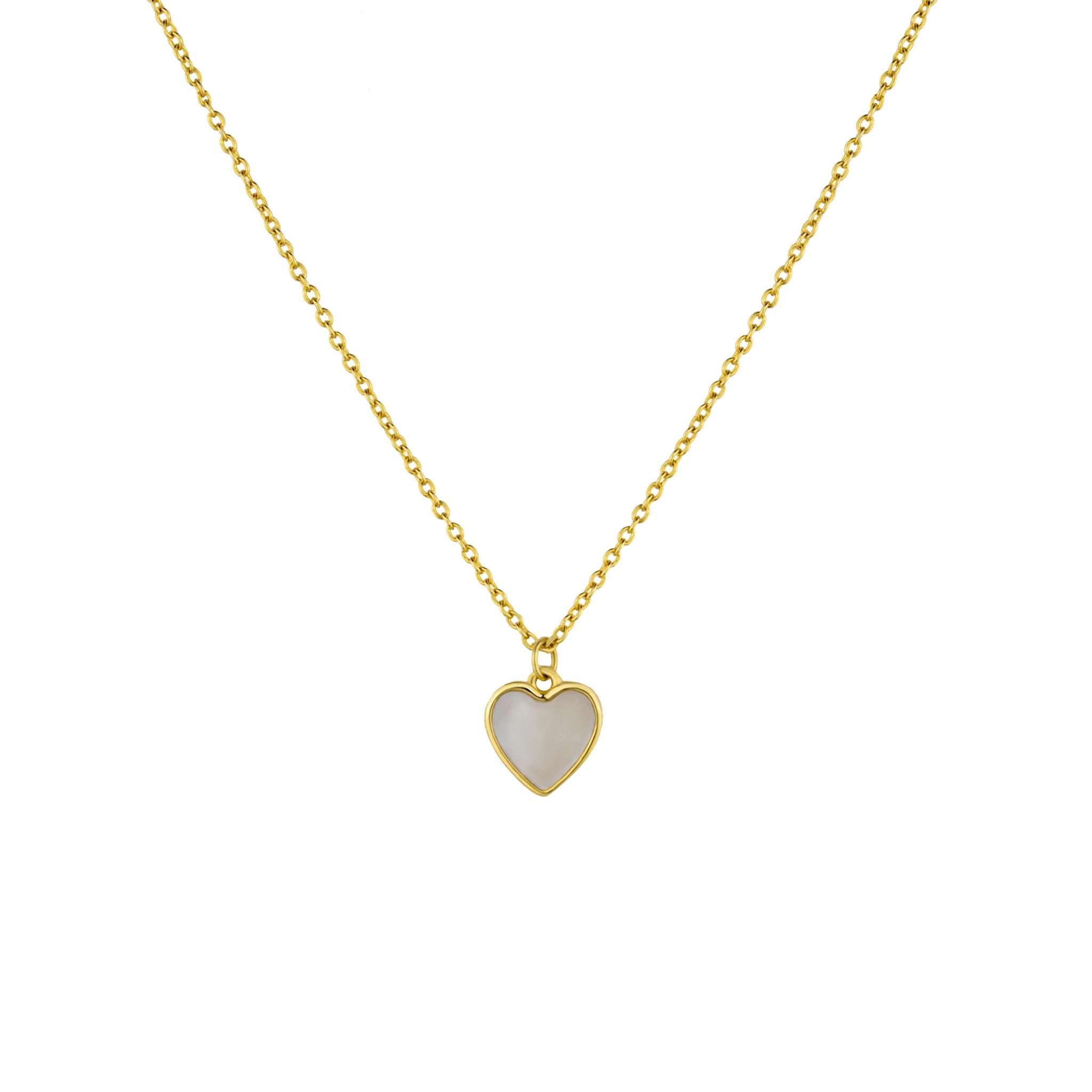 Heart-shaped mother of pearl pendant necklace in 18K gold on sterling silver adjustable chain.