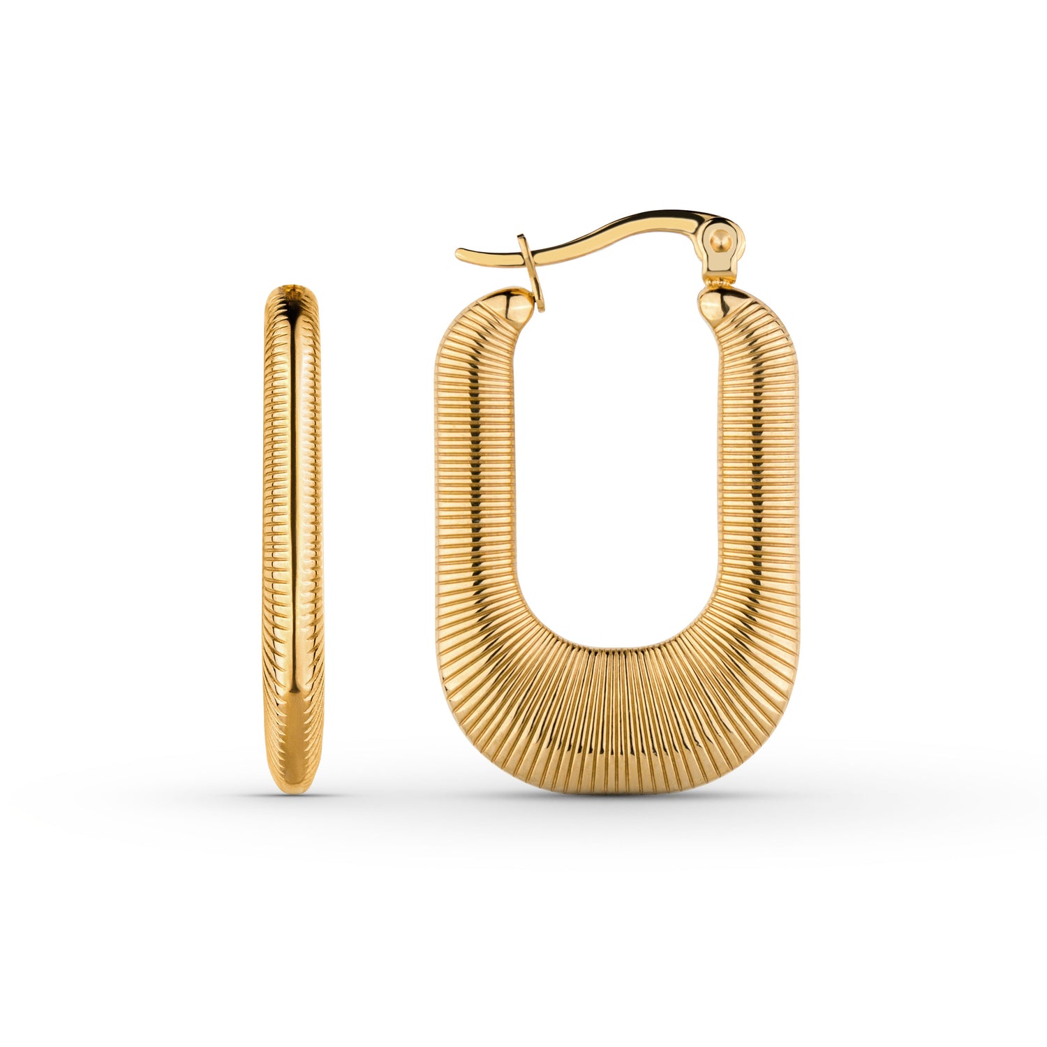 Stainless steel Solstice Earrings with 18k PVD gold plating, hypoallergenic, tarnish-free, waterproof.