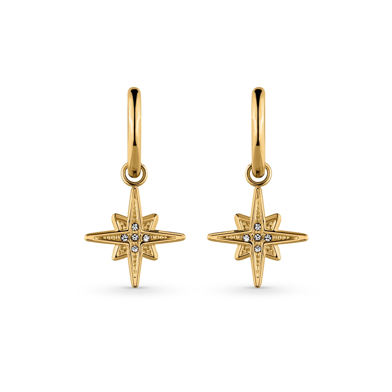 Starburst Huggie Earrings with 18k PVD gold plating, stainless steel, hypoallergenic, waterproof.