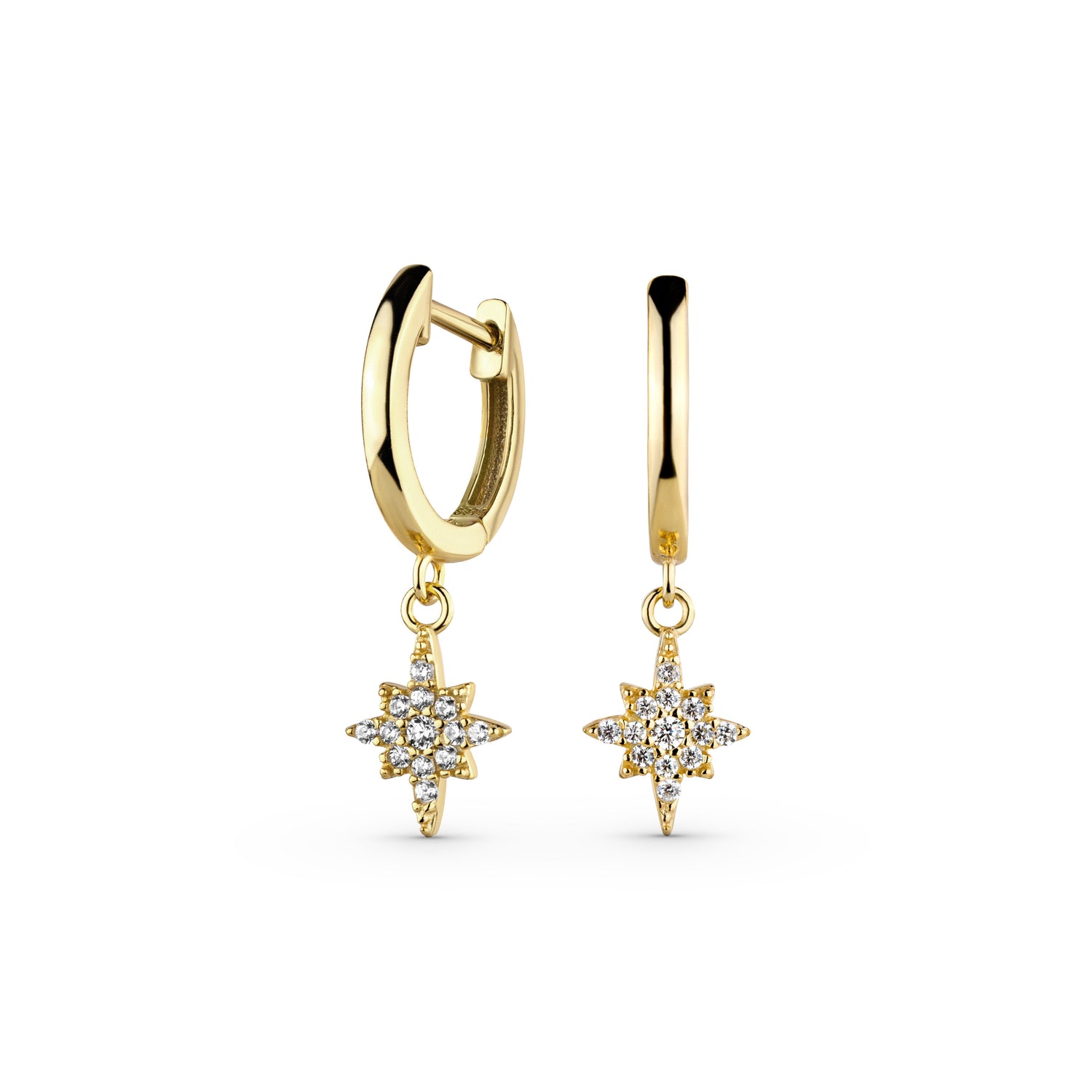 Stellar Starburst Earrings in 14K gold with clear CZ stones and starburst design.